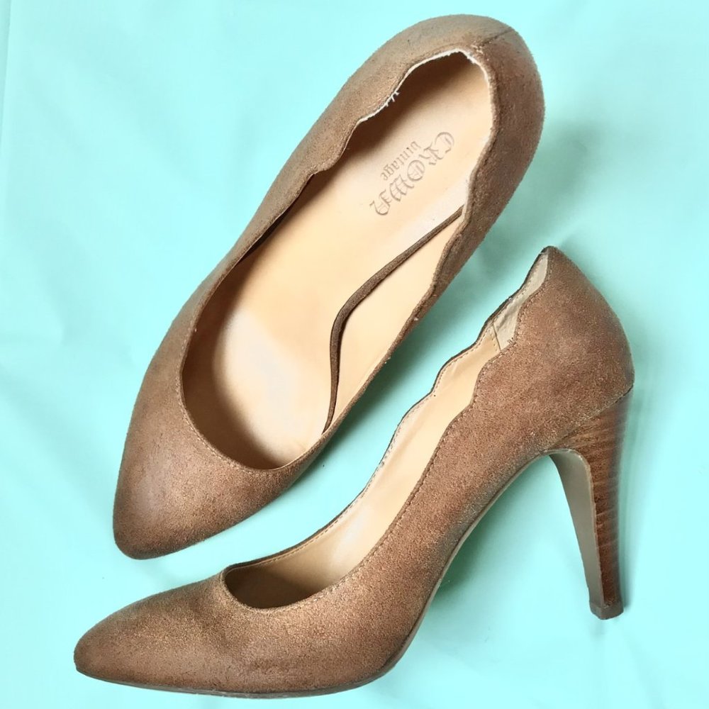 Crown Vintage "Alexandria" Brown Suede Scalloped Heels